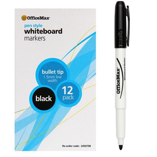 OfficeMax Black Pen Style Whiteboard Marker Bullet Tip, Pack of 12