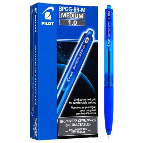Pilot Super Grip Blue Retractable Ballpoint Pen Medium Tip, Box of 12