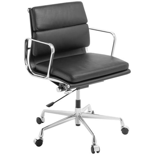 Contemporary Eames Style Black Leather Mid Back Office Home Armchair Chrome Base 