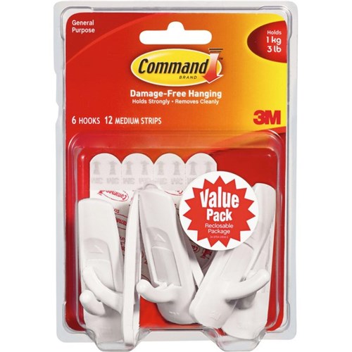 Command Clear Hooks, Medium, 6 Hooks, 12 Strips/Pack 
