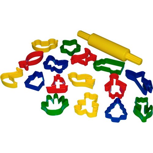 Plastic Dough Cookie Cutter Set 16 Shapes Plus Rolling Pin
