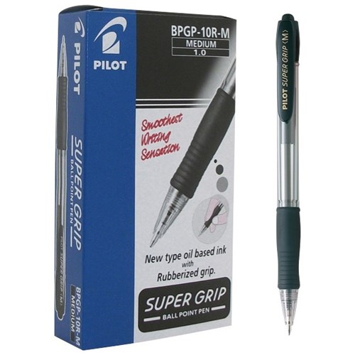 Pilot Supergrip Black Retractable Ballpoint Pen Medium Tip, Pack of 12