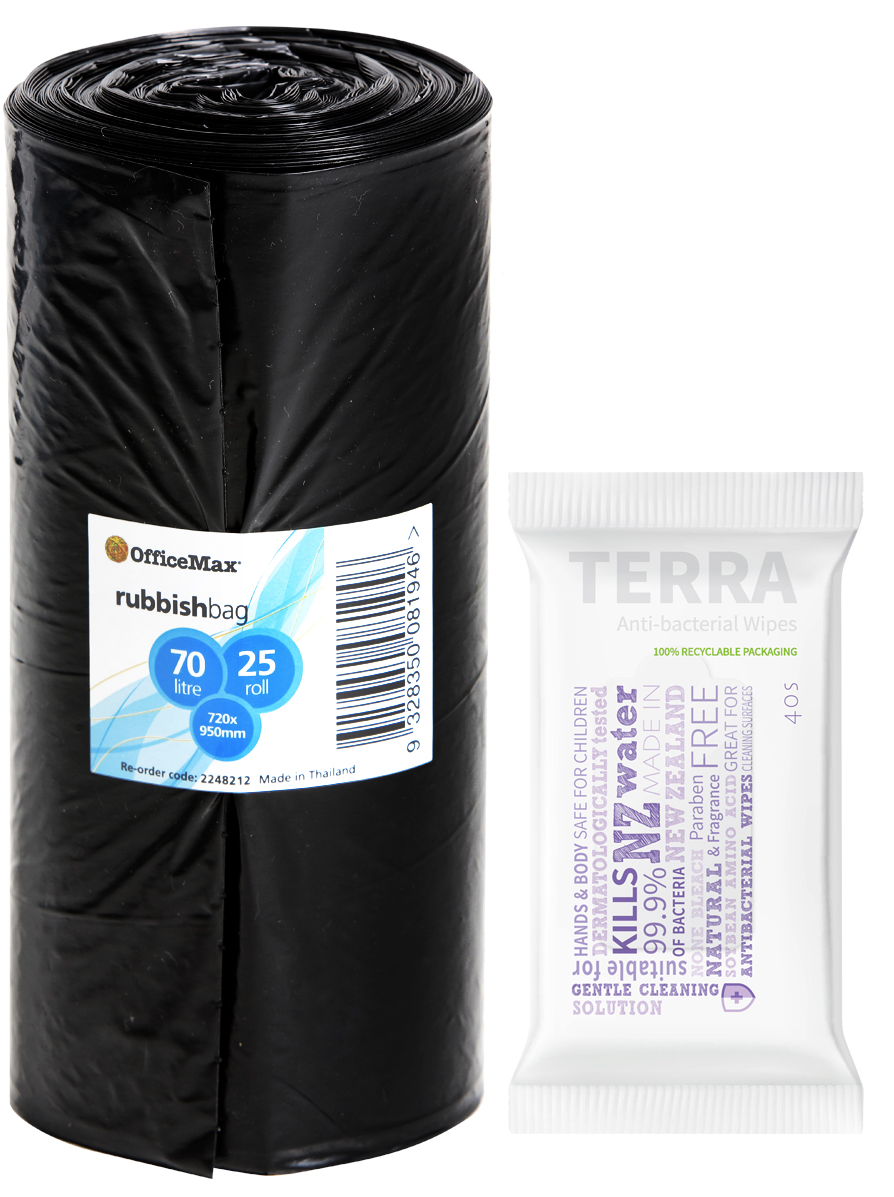 Rubbish Bags 720x950mm 70 Litre 30 Micron Black, Roll of 25 OfficeMax NZ