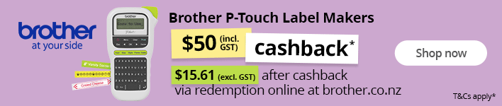 $50 Cashback offer on  Brother P-Touch Label Makers. $4.99 after cashback via redemption online at brother.co.nz. T&Cs apply. Shop now