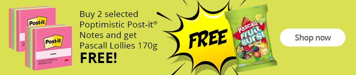 Buy 2 selected Poptimistic Post-it® Notes and get Pascall Lollies 170g FREE! Shop now!