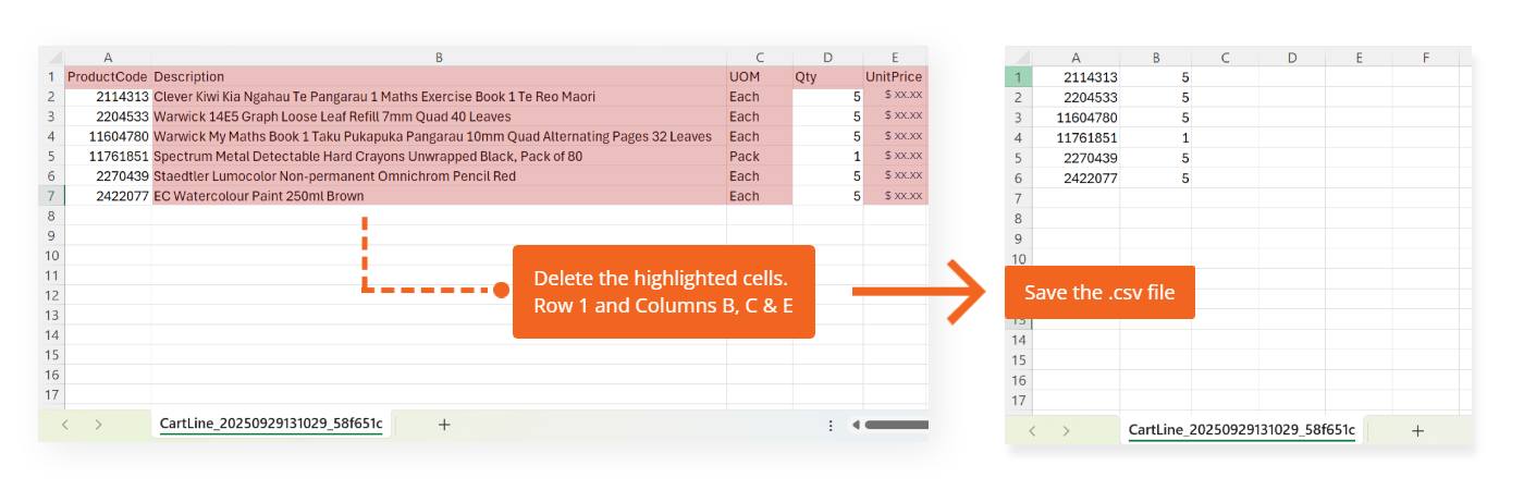 Delete tje highlighted cells and save the .csv file.