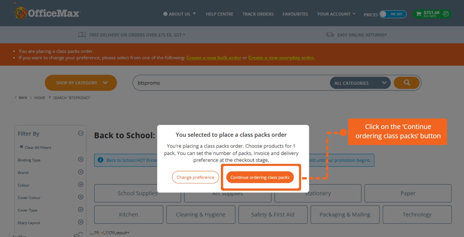 Click on the 'Continue Ordering Class Packs' button