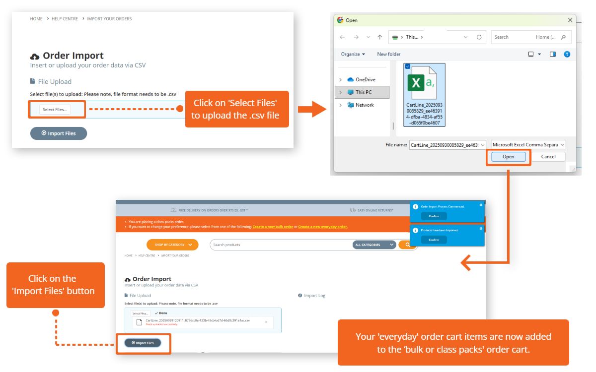 Upload your .csv file to change your everyday order into Bulk or Class Packs order