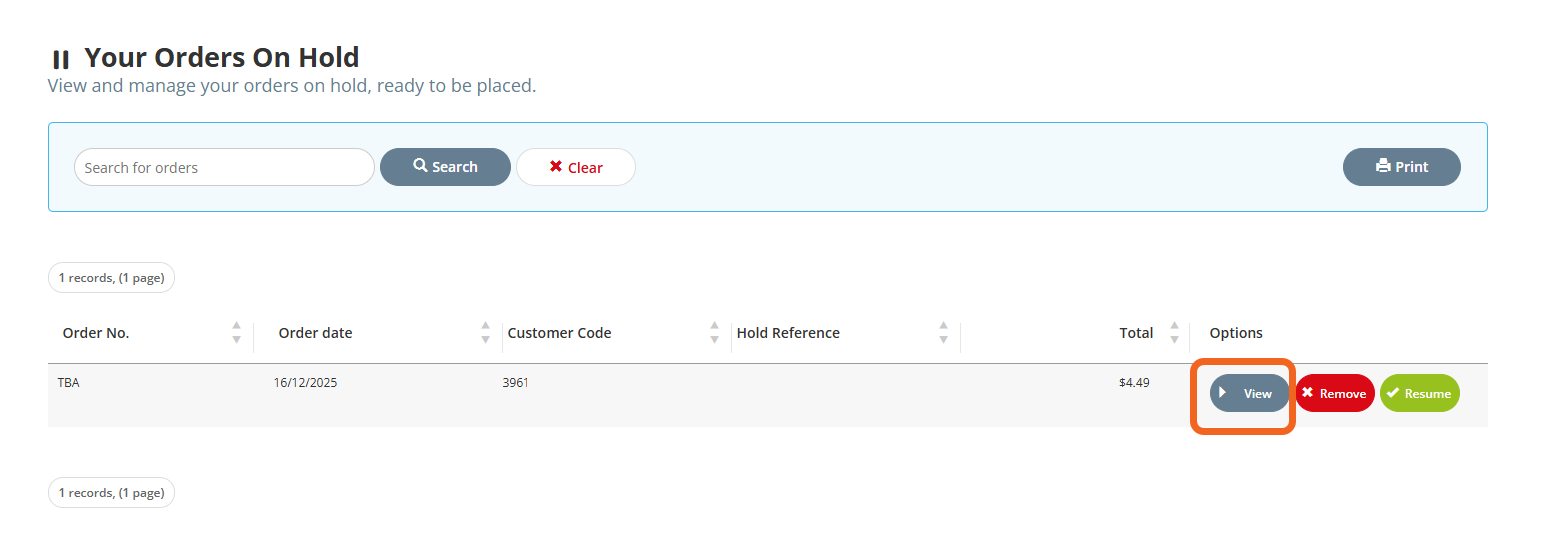 View Your Order on Hold