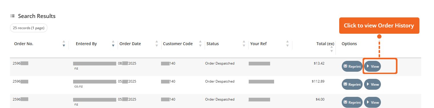 Example of the order search results