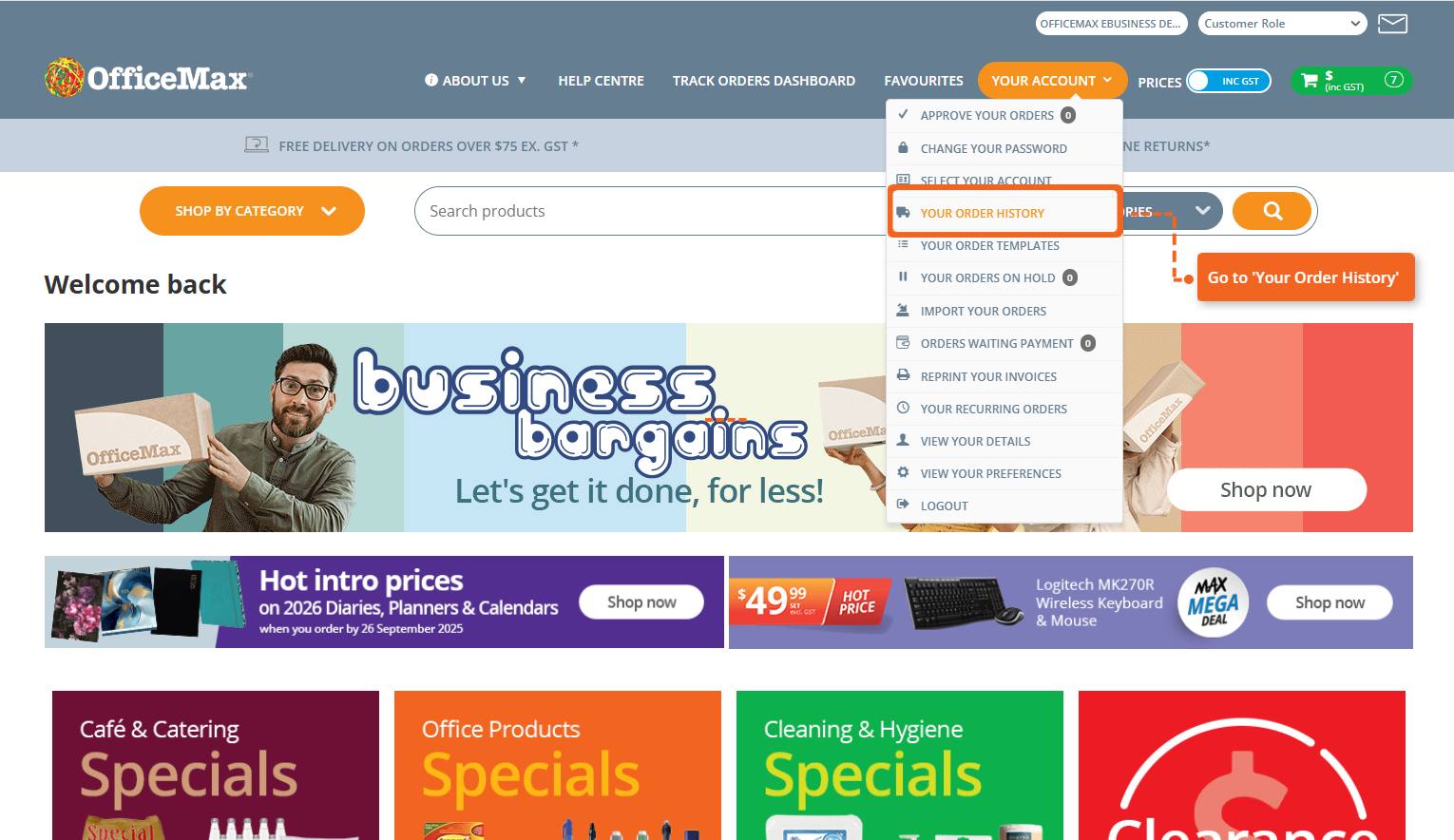 Navigate to Your Order History on OfficeMax Your Account Dropdown
