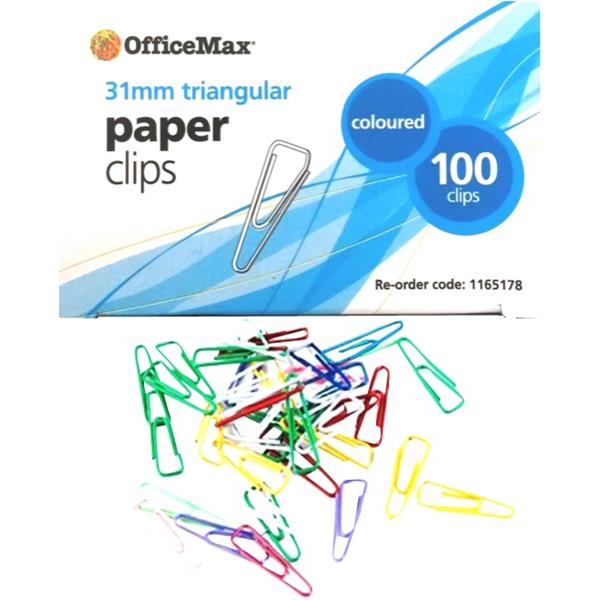 OfficeMax Paper Clips Triangle 31mm Coloured, Pack of 100 OfficeMax NZ
