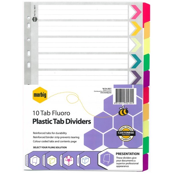 Marbig Index Dividers 10 Tab A4 Plastic Fluoro Colours OfficeMax NZ