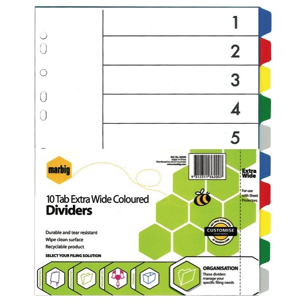 Marbig Index Dividers 10 Tab Extra Wide A4 Polypropylene Coloured