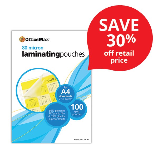 OfficeMax A4 Laminating Pouches Gloss 80 Micron, Pack of 100 OfficeMax NZ