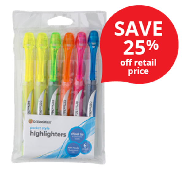OfficeMax Assorted Colours Liquid Ink Pen Style Highlighters, Pack of 6