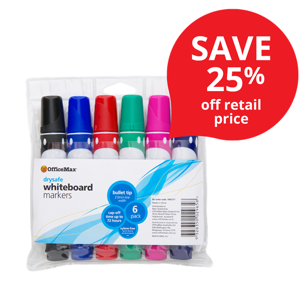 OfficeMax Assorted Colours Whiteboard Markers Bullet Tip, Pack of 6