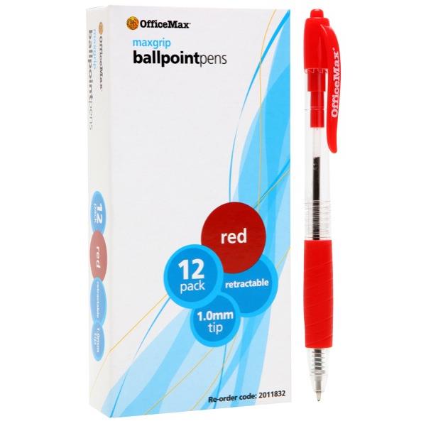 Officemax Red Retractable Ballpoint Pen With Grip, Box of 12 OfficeMax NZ