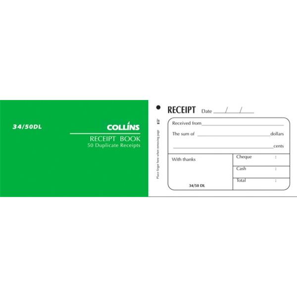 Collins 34/50DL Receipt Book Duplicate Set of 50 OfficeMax NZ