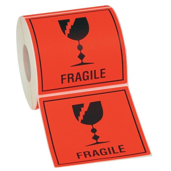 Shipping Paper Label Fragile 99x99mm Black on Red, Roll of 500