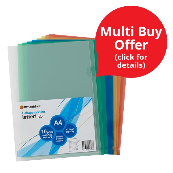 OfficeMax LShaped Pockets A4 Assorted Colours , Pack of 10 OfficeMax NZ
