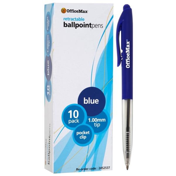 OfficeMax Blue Retractable Ballpoint Pens Medium Tip, Pack of 10