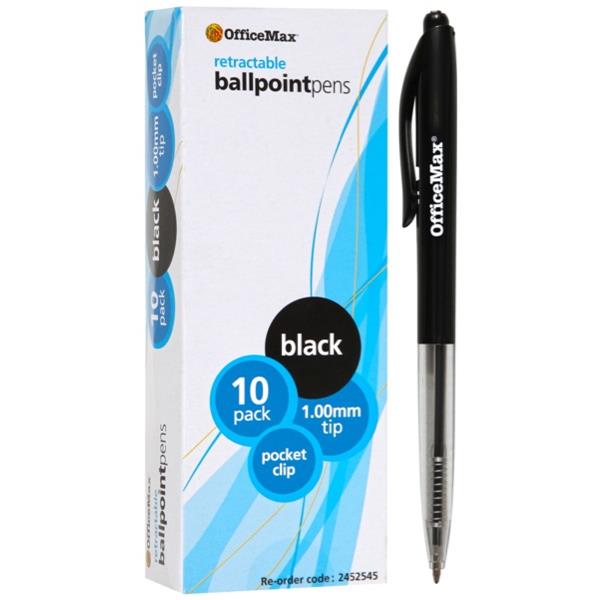 OfficeMax Black Retractable Ballpoint Pens Medium Tip, Pack of 10