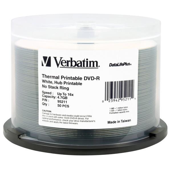 Verbatim Thermal Printable DVD R Discs 4 7GB White Spindle Of 50