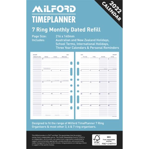Milford Timeplanner Diary 7 Ring Refill Monthly Dated 2022 OfficeMax NZ