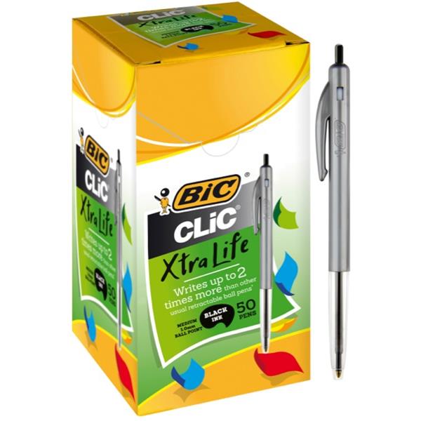 Bic Clic Black Ballpoint Pens Silver Barrel, Pack of 50 OfficeMax NZ