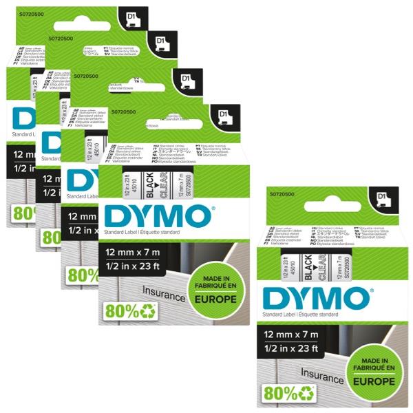 Dymo D1 Labelling Tape 45010 12mm Black on Clear, Bundle of 4 + 1 Free