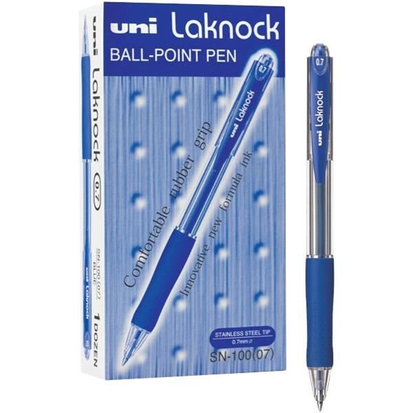 Uni Laknock Blue Retractable Ballpoint Pen Fine Tip, Pack of 12
