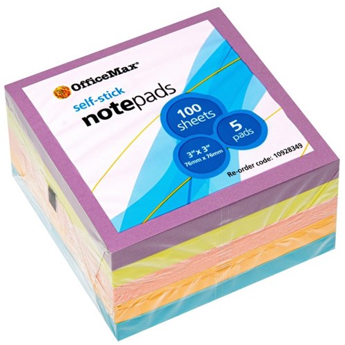 OfficeMax SelfStick Notes 76x76mm Assorted Bright Colours 100 Sheets