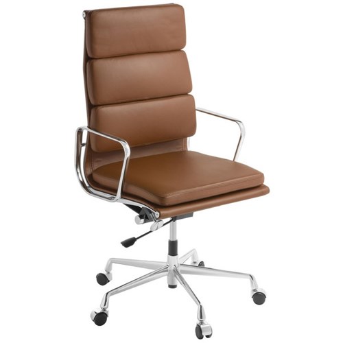 Eames Replica Executive Chair High Back With Arms Tan Leather/ Chrome Alloy Base