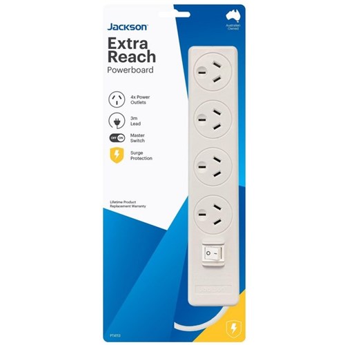 Jackson 4-Way Powerboard with Surge & Overload Protection 3m White