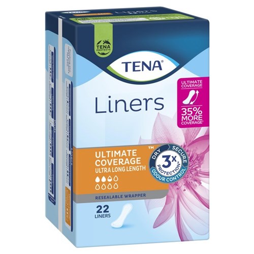 TENA Ultimate Coverage Incontinence Liners Ultra Long Length, Pack of 22