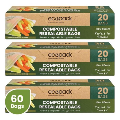 Ecopack Compostable Resealable Snack Bags 160x110mm, Set of 3