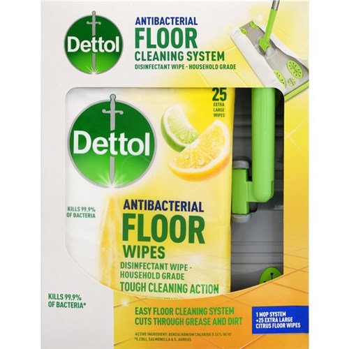 Dettol Floor Cleaning System Mop And Extra Large Floor Wipes Citrus, Pack of 25