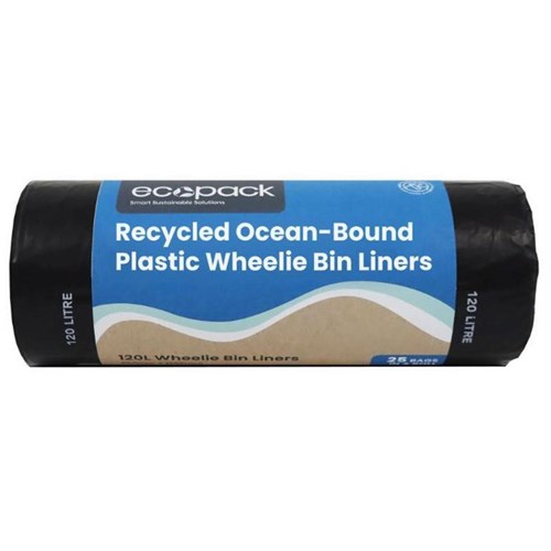 Ecopack Recycled Ocean-Bound Plastic Wheelie Bin Liners 120L, Roll of 25