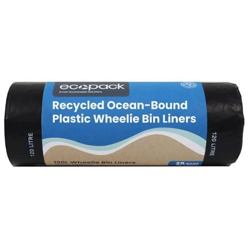 Ecopack Recycled Ocean-Bound Plastic Wheelie Bin Liners 120L, Roll of 25
