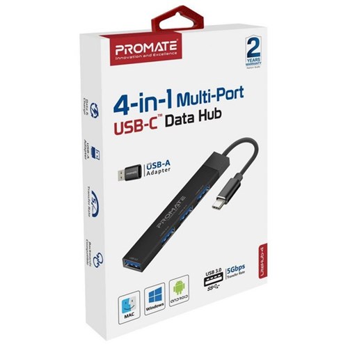 Promate 4-in-1 Ultra-Slim Multi-Port USB Hub with USB-C Connector Black