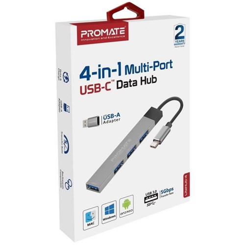 Promate 4-in-1 Ultra-Slim Multi-Port USB Hub with USB-C Connector Grey
