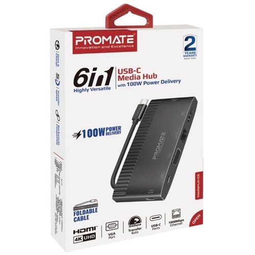 Promate 6-in-1 Multi-Port USB Hub with USB-C Connector