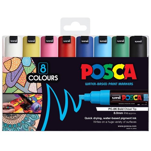 Uni Posca 8.0mm Chisel Tip Marker Assorted Colours, Pack of 8