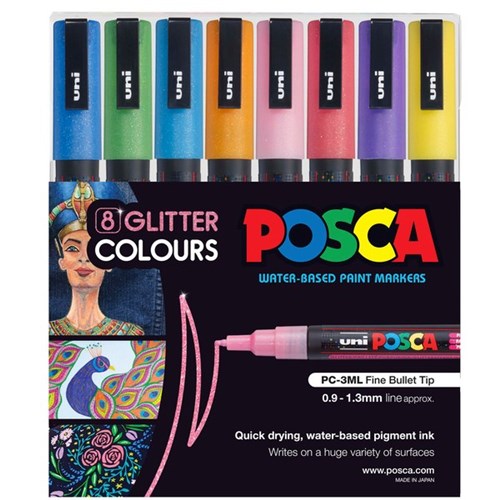 Uni Posca 0.9-1.3mm Fine Bullet Tip Markers Glitter, Pack of 8