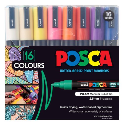 Uni Posca 1.8-2.5mm Medium Bullet Tip Markers Assorted, Pack of 16