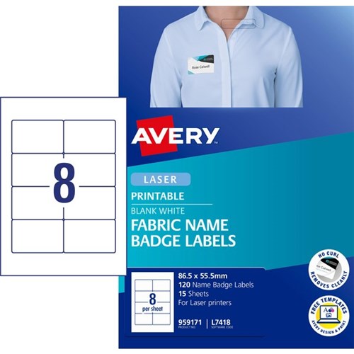 Avery Fabric Name Badge Labels  L7418 White 8 per Sheet