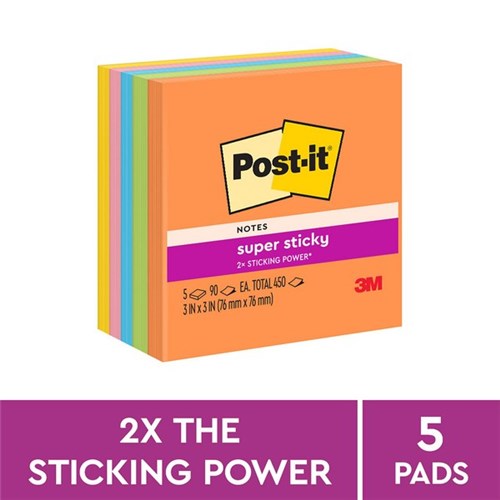Post-it® 654 Super Sticky Notes 76x76mm Energy, Pack of 5
