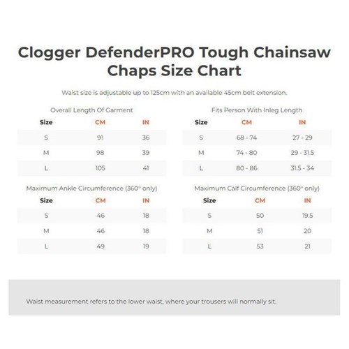 Clogger DefenderPRO Tough Chainsaw Chaps Unisex Size Small