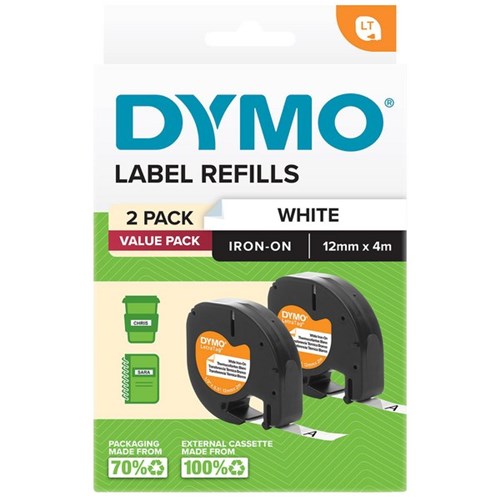Dymo LetraTag Iron-On Tape 12mm x 2m White Pack of 2